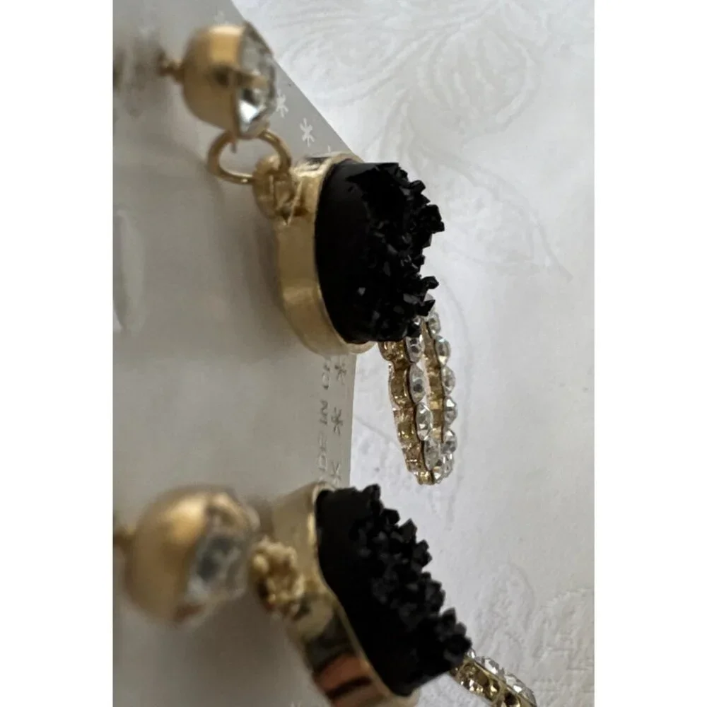 Pastel Faux Black Stone Crystal Gold Rhinestone Earrings Dangle Drop Party NEW
